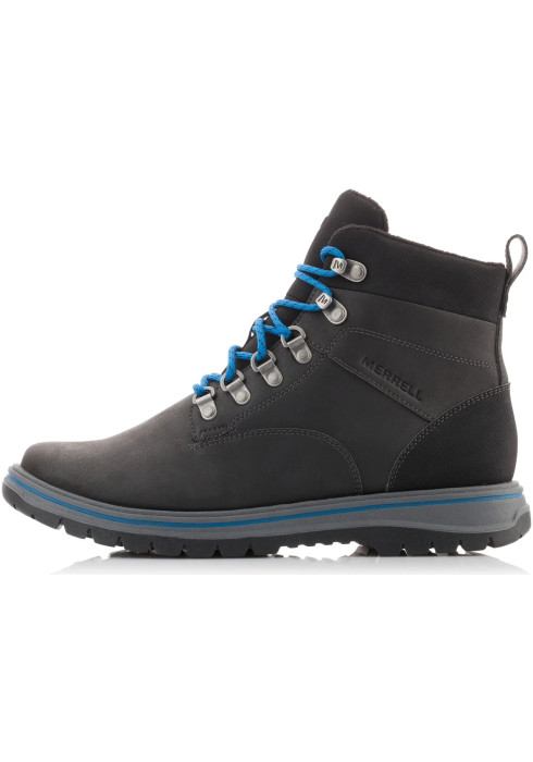 Чоловічі чорні черевики Merrell Bounder Tall Fleece арт. 332570 у профіль з синіми шнурками