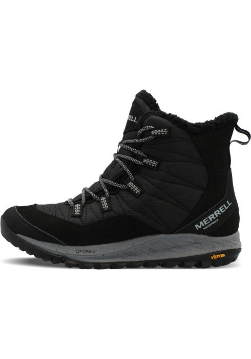 Чорні жіночі водонепроникні черевики Merrell Antora Sneaker Boot WP вид збоку на білому тлі