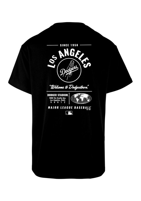 Чорна чоловіча футболка '47 Brand Los Angeles Dodgers Backer з великим білим графічним принтом і текстом на спині вид ззаду на білому тлі