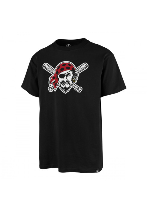Чорна чоловіча футболка '47 Brand Pittsburgh Pirates з великим принтом логотипа команди у вигляді пірата з перехрещеними битами на грудях студійний вигляд спереду на білому тлі