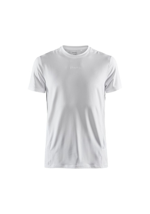 Бічна та передня частина білої чоловічої спортивної футболки CRAFT ADV Essence SS Tee з коротким рукавом студійний вигляд спереду на білому тлі