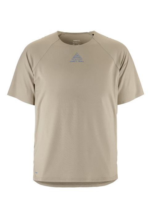 Бежева чоловіча професійна футболка для бігу Craft Pro Trail SS Tee M з коротким рукавом та принтом на грудях студійний вигляд спереду на білому тлі