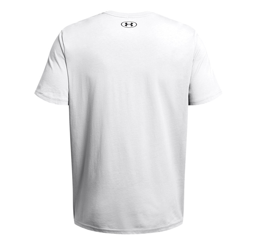 Біла чоловіча футболка Under Armour Colorblock Wordmark студійний вигляд ззаду на білому тлі