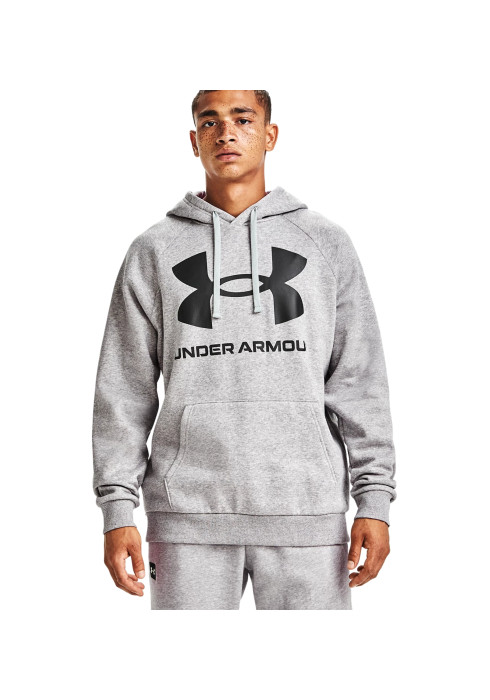 Чоловік у сірому спортивному худі Under Armour UA Rival Fleece Big Logo HD спереду на білому тлі