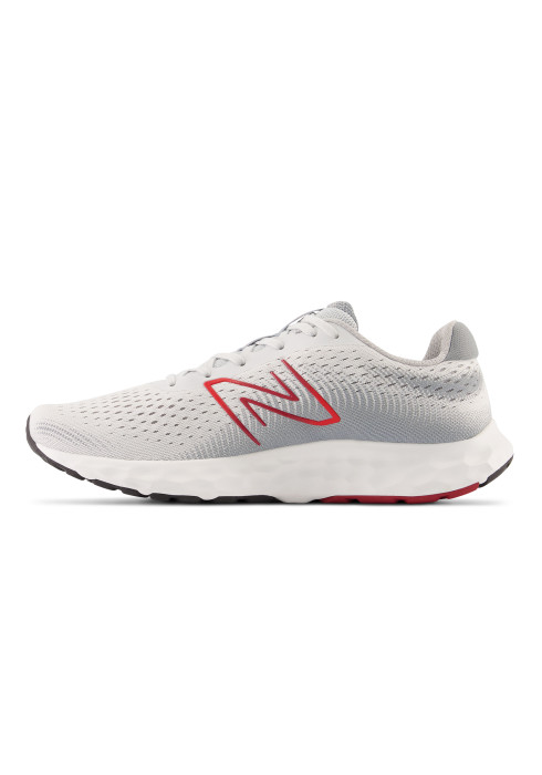 Чоловічі сірі кросівки NB 520 V8 у профіль з білою підошвою та червоним логотипом N