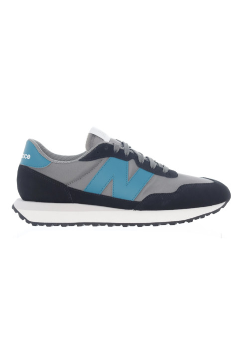 Чоловічі сіро-сині кросівки New Balance 237 у профіль з бірюзовим логотипом N та білою проміжною підошвою