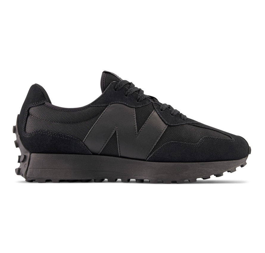Чорні чоловічі кросівки New Balance 327, вигляд збоку з логотипом N