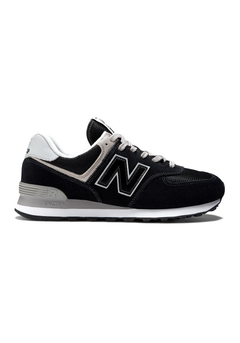Чоловічі чорні замшеві кросівки New Balance 574 Classic GL у профіль з фірмовою буквою N та амортизуючою підошвою