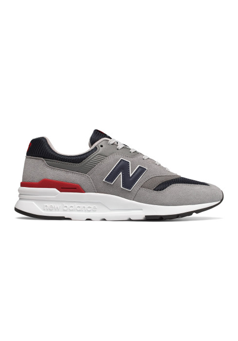 Чоловічі сірі кросівки New Balance 997H у профіль з білою підошвою та червоними деталями на п'яті