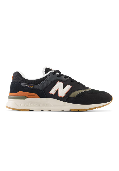 Чоловічі чорні кросівки New Balance 997H у профіль з білим логотипом N, світлою підошвою та біркою Cordura