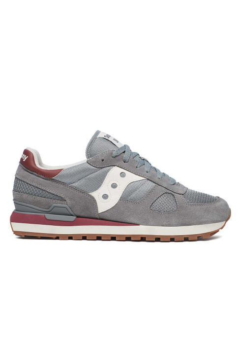 Чоловічі сірі замшеві кросівки Saucony Shadow Original у профіль з фірмовою білою смугою та бордовою проміжною підошвою