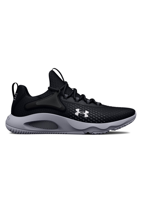Чоловічі чорні кросівки UA HOVR Rise 4 у профіль з білим логотипом Under Armour та сірою підошвою