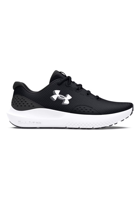Чоловічі чорні бігові кросівки Under Armour UA Surge 4 Running у профіль з білим логотипом та амортизацією