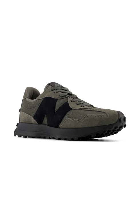Кросівки унісекс New Balance 327 кольору хакі з великим чорним логотипом N та шипованою підошвою