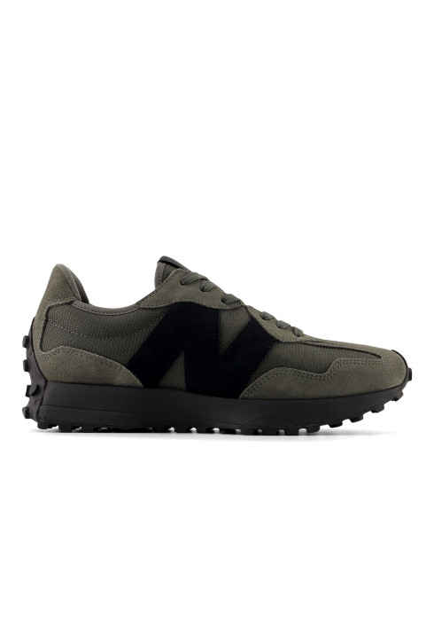 Кросівок New Balance 327 кольору хакі у профіль із зовнішньої сторони з великим чорним логотипом N