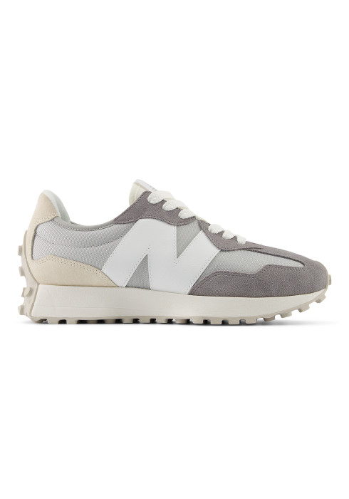Унісекс кросівки New Balance 327 у профіль з білим логотипом N, сірими замшевими накладками та світлою проміжною підошвою