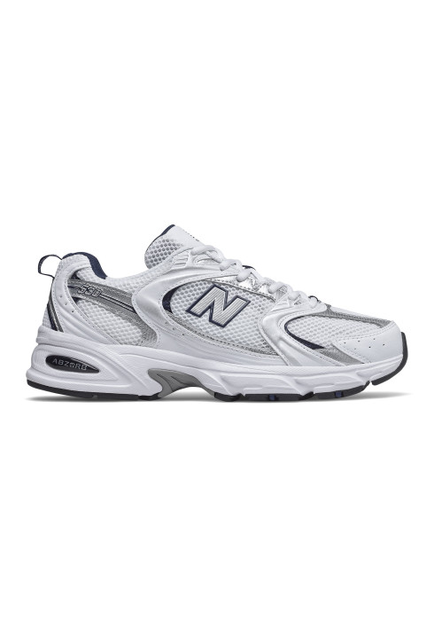 Унісекс кросівки New Balance 530 у профіль з білим сітчастим верхом, сріблястими деталями та технологією амортизації ABZORB
