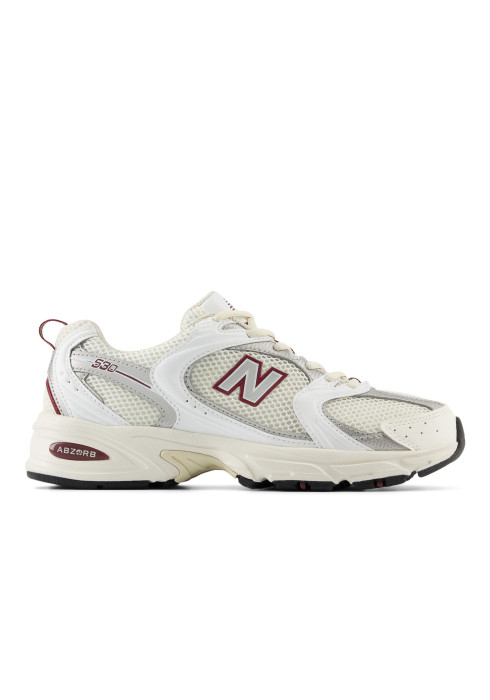 Унісекс кросівки New Balance 530 у профіль з білим сітчастим верхом, бордовим логотипом N та технологією амортизації ABZORB