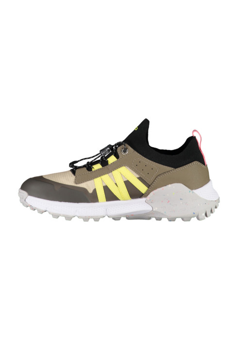 Жіночі хакі кросівки CMP Hosnian Low Wmn Shoe під кутом ззаду з білою підошвою та жовтими елементами