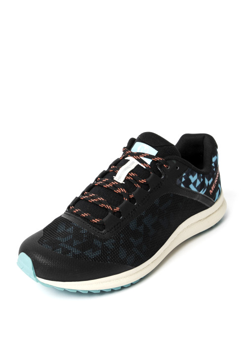 Жіночі бігові кросівки Merrell Kaveri чорного кольору з бірюзовими та помаранчевими елементами під кутом спереду