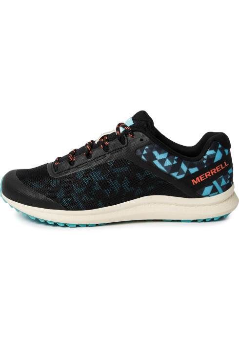 Жіночі чорні кросівки для бігу Merrell Kaveri у профіль з бірюзово-блакитним принтом та помаранчевим логотипом