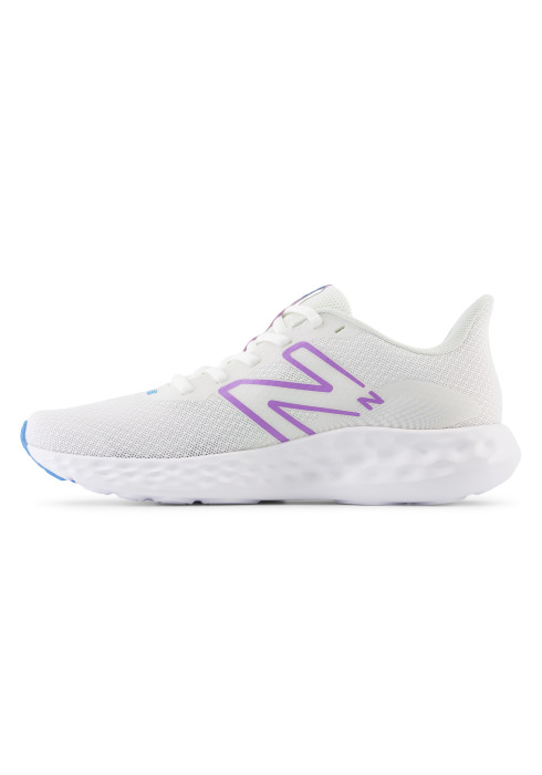 Жіночі білі кросівки New Balance 411 V3 у профіль з внутрішньої сторони з бузковим брендингом