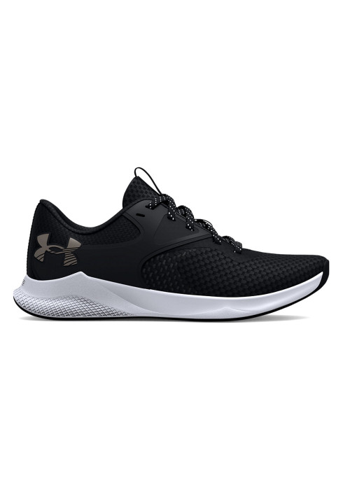 Жіночі чорні кросівки Under Armour W Charged Aurora 2 у профіль з логотипом UA та білою підошвою