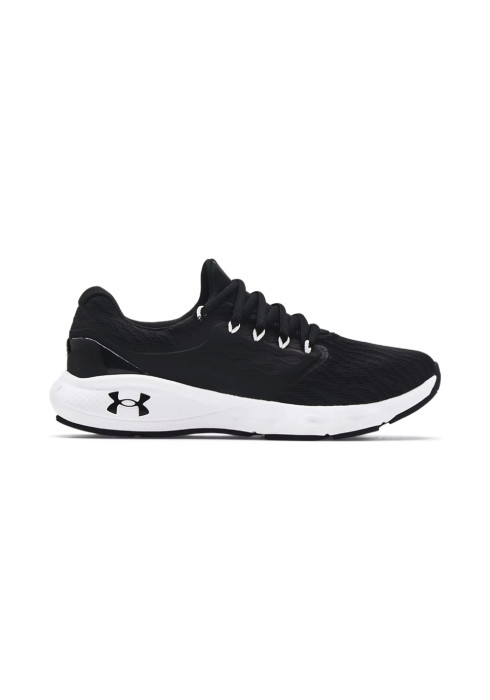 Жіночі чорні кросівки Under Armour W Charged Vantage у профіль з білою підошвою та логотипом UA