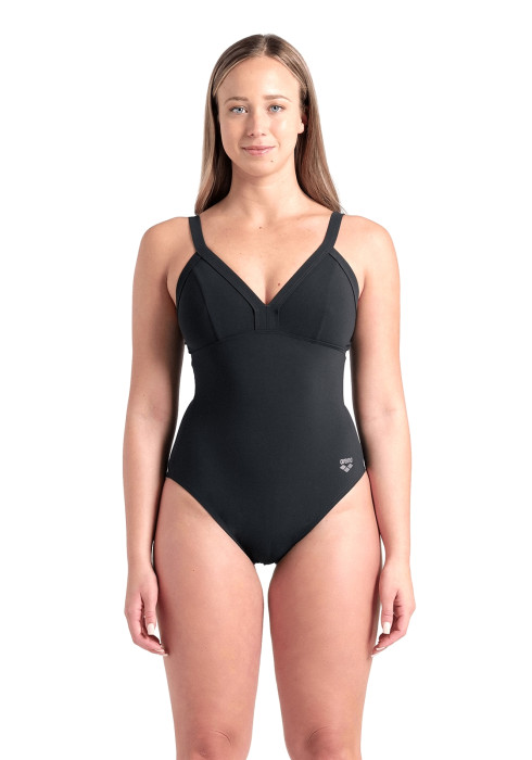 Жіночий чорний купальник Arena W Lara Soft Curve Back C на моделі фронтально на білому тлі