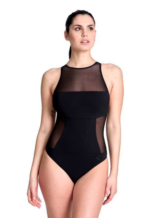 Жіночий чорний купальник Arena W Mesh Panels Swimsuit Swim Pro на моделі спереду у півоберта