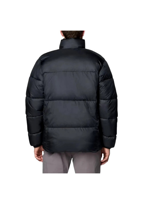 Чоловіча чорна стьобана куртка Columbia Puffect III Jacket вид ззаду на моделі у сірих штанях