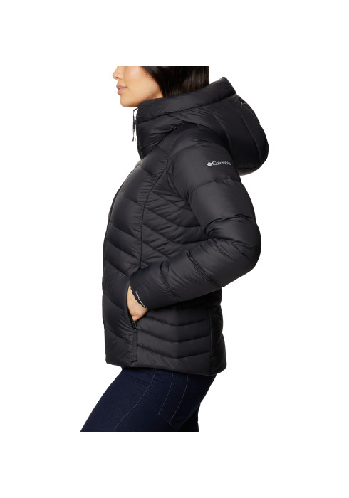 Жіноча чорна пухова куртка з капюшоном Columbia Autumn Park Down Hooded Jacket на моделі в профіль