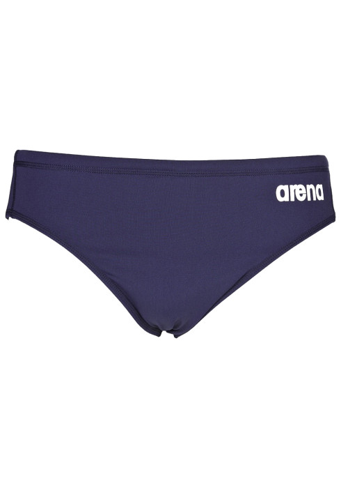 Чоловічі темно-сині плавки Arena M Solid Brief з білим логотипом спереду на білому тлі