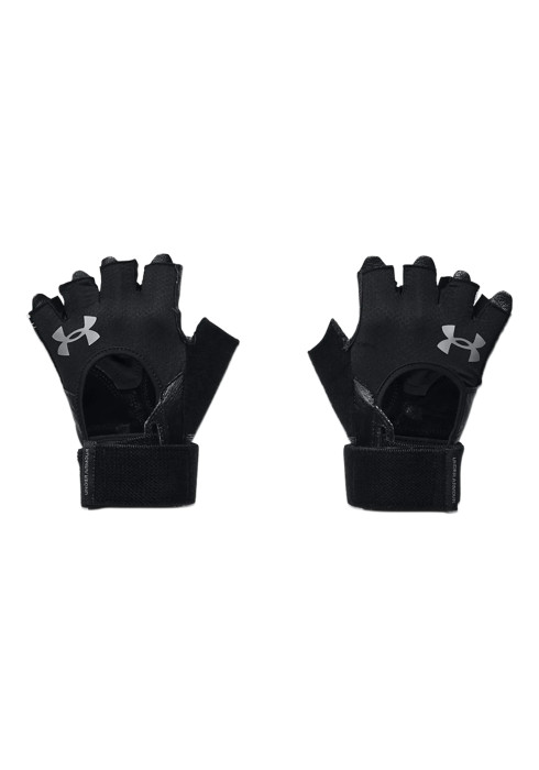 Чоловічі рукавиці Under Armour Weightlifting Gloves чорного кольору з вирізаними пальцями, шкіряною долонею та ремінцем для зап'ястя