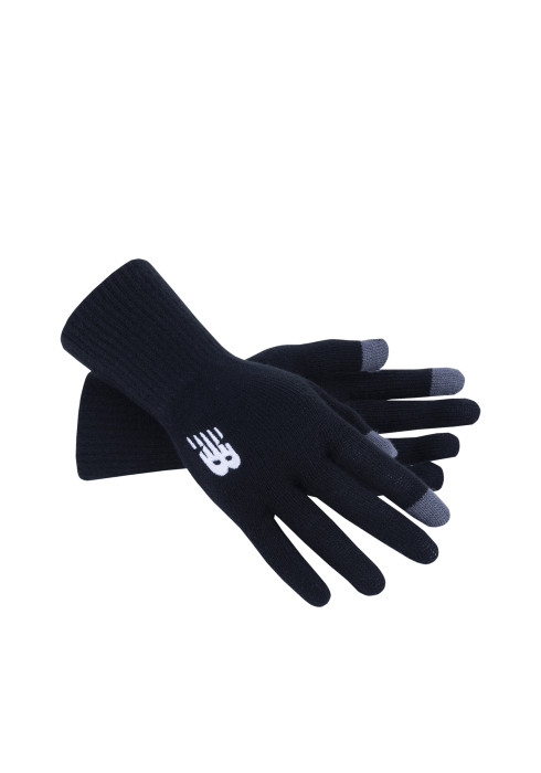 Чорні та сірі трикотажні рукавички New Balance Knit Gloves з білою вишивкою логотипу та сенсорними кінчиками