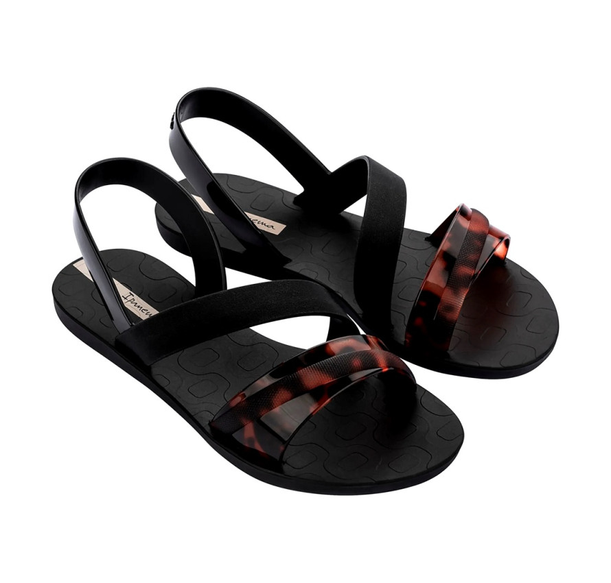 Пара жіночих чорних сандалів Ipanema Vibrant Sandal Fem з переднім ремінцем з черепаховим принтом