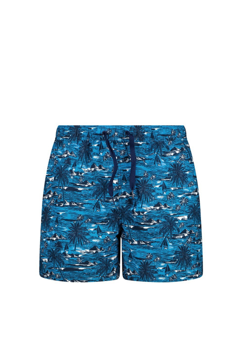 Чоловічі плавальні шорти CMP PRINTED MICROFIBER SHORTS синього кольору з тропічним принтом спереду на білому тлі