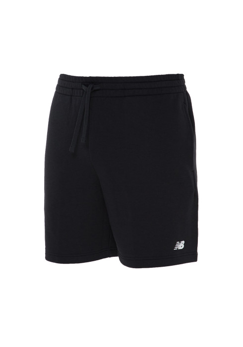 Чорні чоловічі шорти New Balance Small Logo з білим логотипом та шнурівкою на поясі студійний вигляд спереду на білому тлі