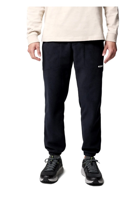 Чоловік у світлому худі та чорних флісових штанах Columbia Sequoia Grove Pant спереду на білому тлі