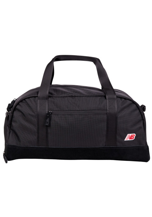 Дорожня сумка New Balance Legacy Icon Duffel Bag чорного кольору, вид спереду, збоку та з демонстрацією відділень.