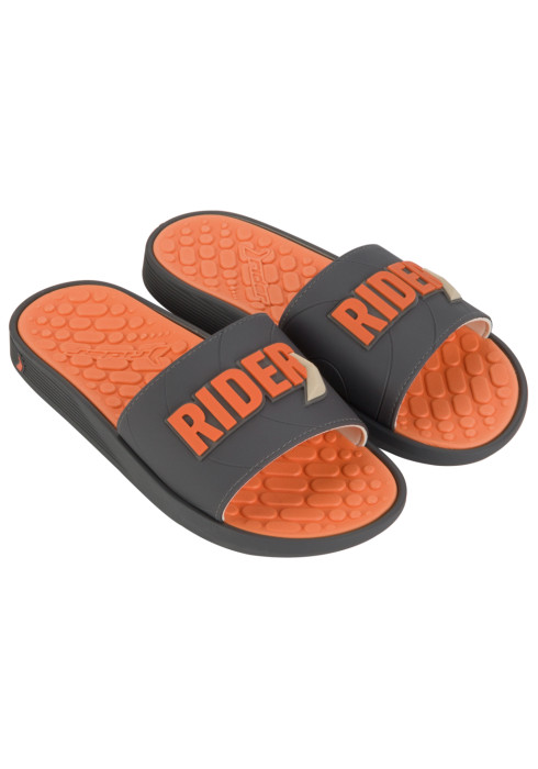 Пара чоловічих сірих сланців Rider Pump Slide AD з помаранчевою устілкою та об'ємним написиом RIDER