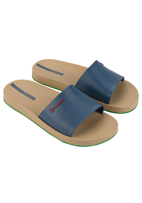 Пара сланців Ipanema Slide Unisex з синіми ремінцями, бежевою устілкою та червоним логотипом