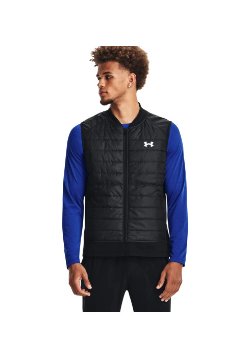 Чоловічий чорний утеплений біговий жилет Under Armour UA Storm Insulated Run Vest з білим логотипом UA на грудях